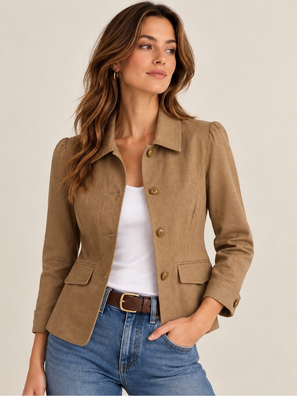 Company Ellen Tracy Y2K Jacket Tan Khaki Floral Lined Utility Blazer Size S